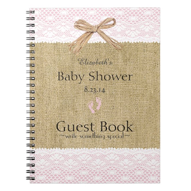 Pink Lace & Burlap Image - Baby Shower Guest Book- Notebook (Front)