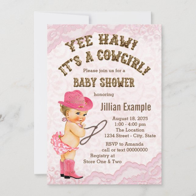 Pink Lace Cowgirl Baby Shower Invitation (Front)