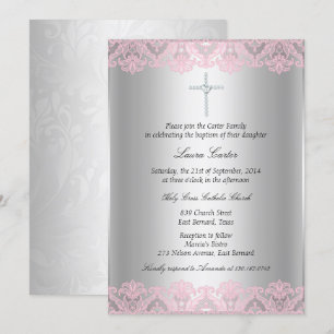 Pink Lace & Cross Baptism/Christening Invitation