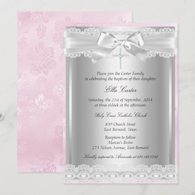Pink Lace Cross Baptism/Christening Invitation (Front/Back)