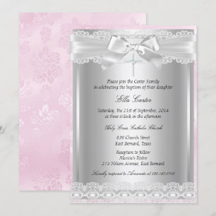 Pink Lace Cross Baptism/Christening Invitation