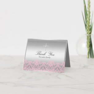 Pink Lace & Cross Baptism Thank You Card