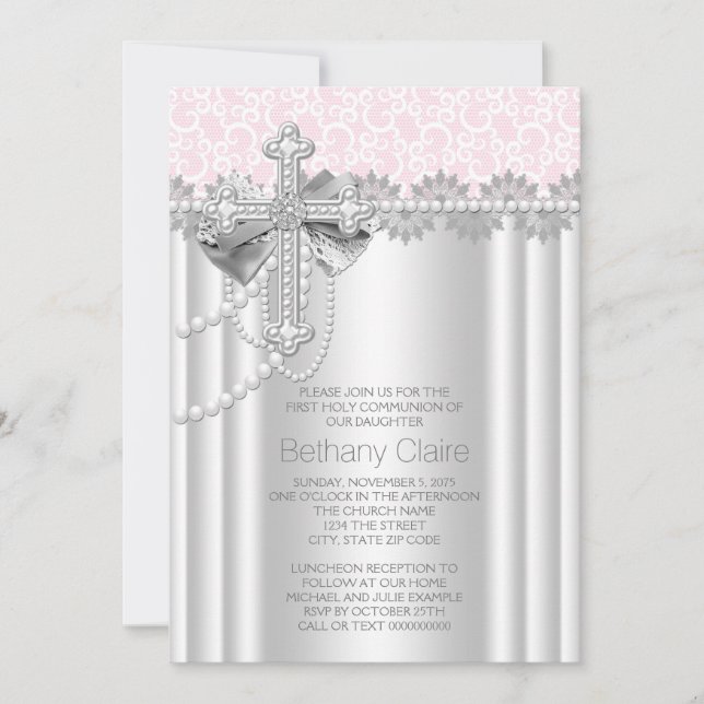 Pink Lace Cross First Communion Invitation (Front)