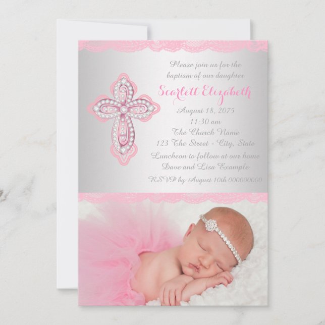 Pink Lace Cross Photo Baptism Christening Invitation (Front)