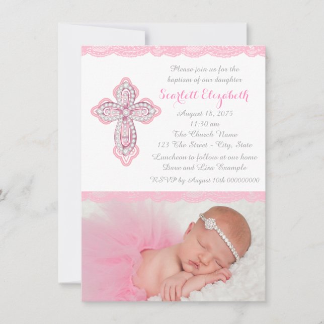 Pink Lace Diamond Cross Photo Baptism Christening Invitation (Front)