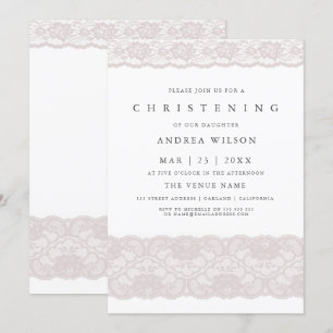 Pink Lace Elegant Baby Girl Christening Invite