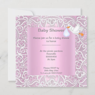 Pink lace elegant baby shower stork invitation