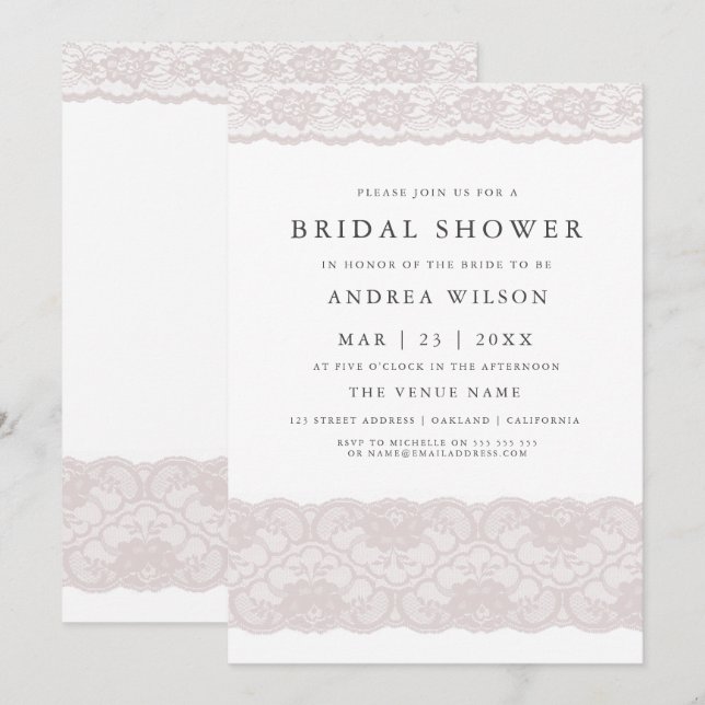 Pink Lace Elegant Modern Bridal Shower Invitation (Front/Back)