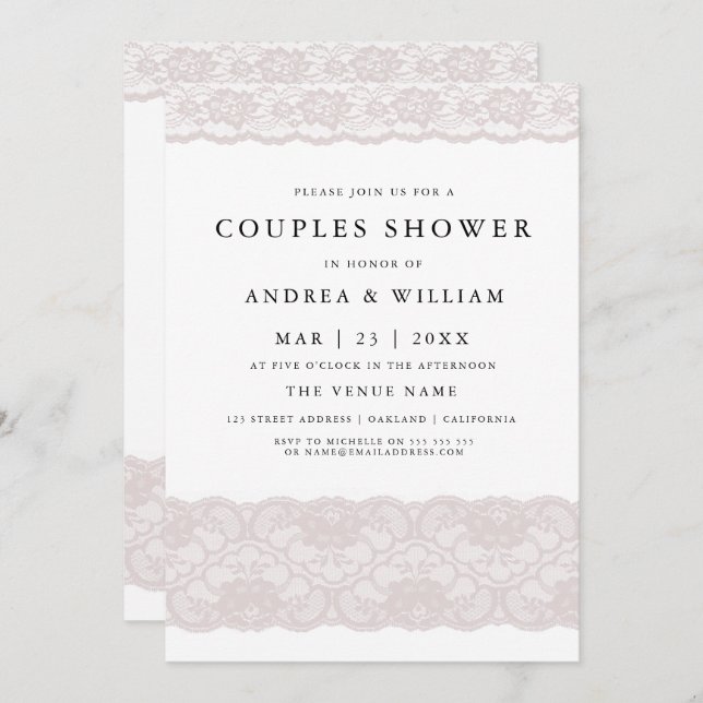 Pink Lace Elegant Modern Couples Shower Invitation (Front/Back)