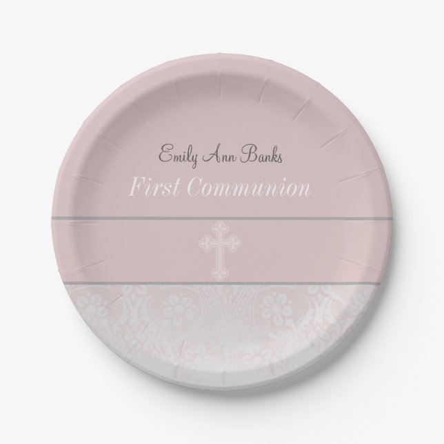 Pink Lace First Communion Paper Plate (Front)
