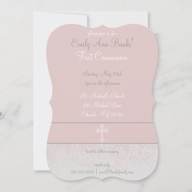 Pink Lace First Holy Communion Design Invitation (Front)