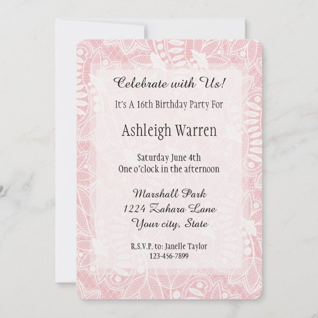 Pink Lace Floral 16th Birthday Invitation (Back)