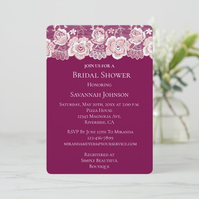 Pink Lace Floral Bridal Shower  Invitation (Standing Front)