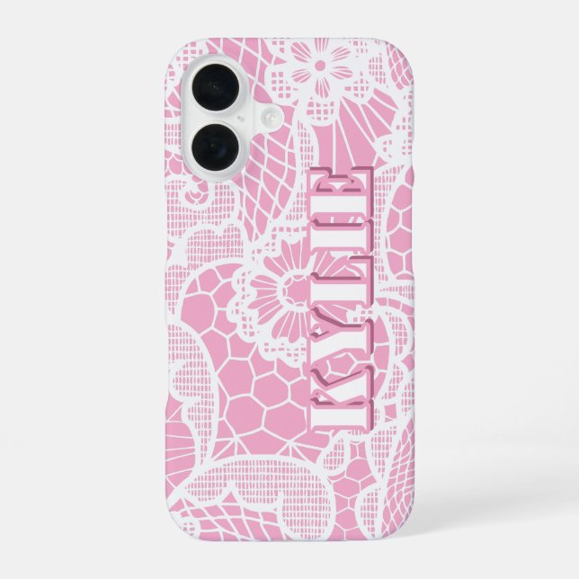 Pink Lace Floral Personalized Name iPhone Case (Back)