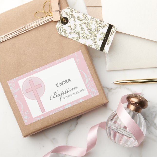 Pink Lace Girl Baptism Personalised Rectangular Sticker (Gifting)
