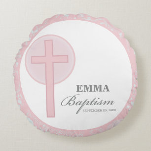 Pink Lace Girl Baptism Personalised Round Cushion