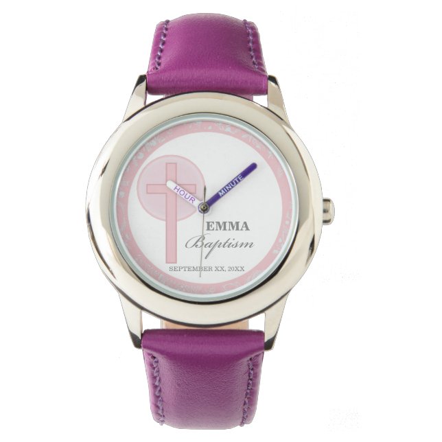 Pink Lace Girl Baptism Personalised Watch (Front)