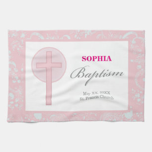 Pink Lace Girl Baptism Tea Towel