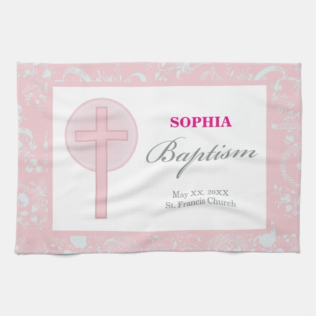Pink Lace Girl Baptism Tea Towel (Horizontal)