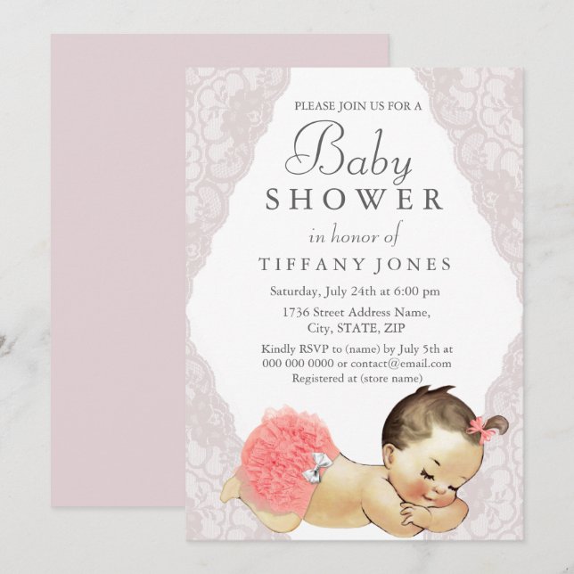 Pink Lace Girl Vintage Baby Shower Invite (Front/Back)