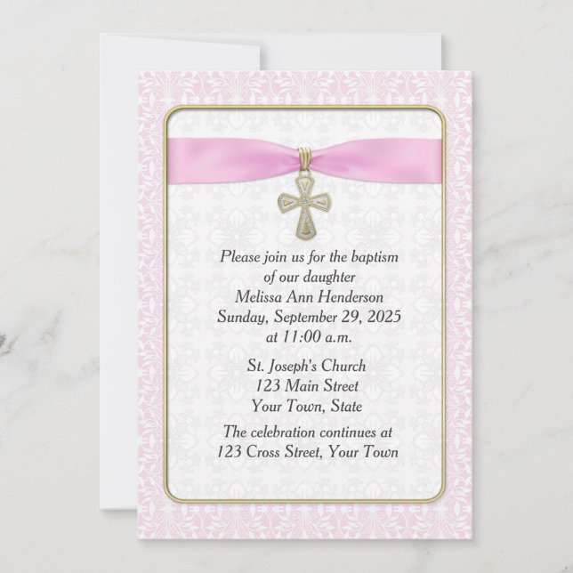 Pink Lace, Gold Cross, Religious Invitation (Front)