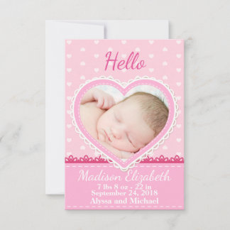 Pink Lace Heart Birth Announcement