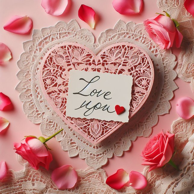 Pink Lace Heart Love You Note VALENTINE Holiday Card (Creator Uploaded)