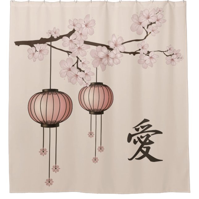 Pink lace lanterns and blossom "Love" Shower Curtain (Front)