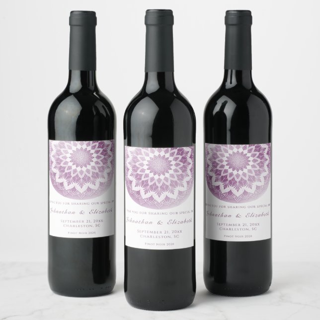 Pink Lace Mandala Wedding Wine Label (Bottles)