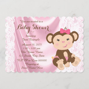 Pink Lace Monkey Baby Girl Shower Invitation