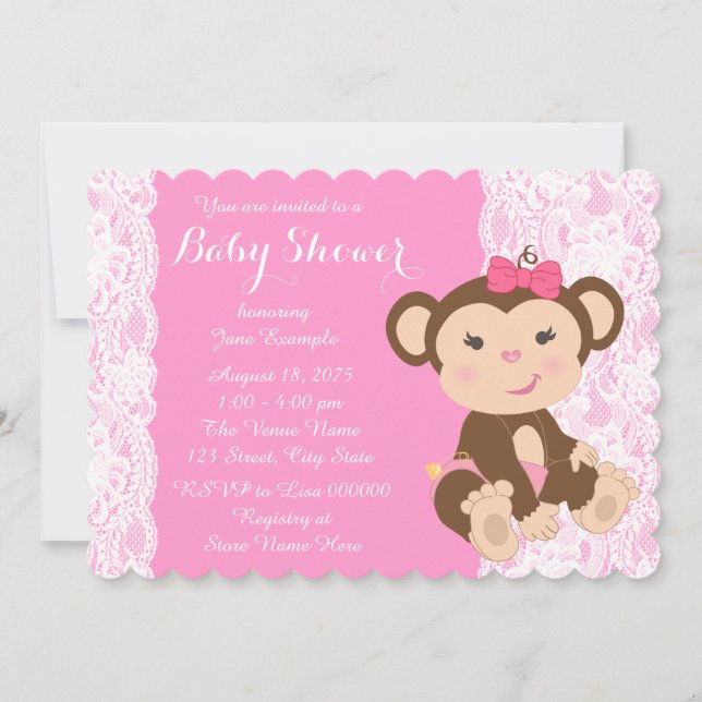 Pink Lace Monkey Baby Girl Shower Invitation (Front)