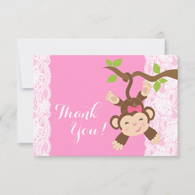 Pink Lace Monkey Baby Girl Thank You (Front)