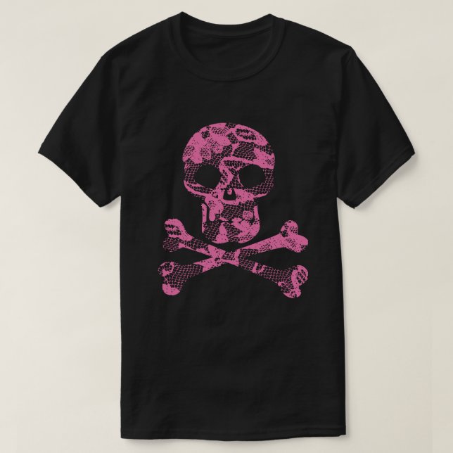 Pink Lace Pattern Skull and Crossbones T-Shirt (Design Front)
