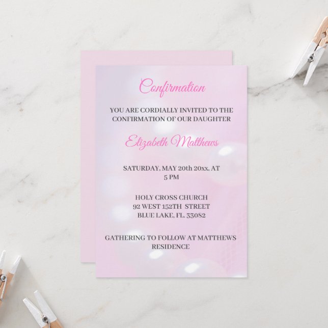 Pink Lace & Pearls Confirmation Invitation Girl (Front/Back In Situ)