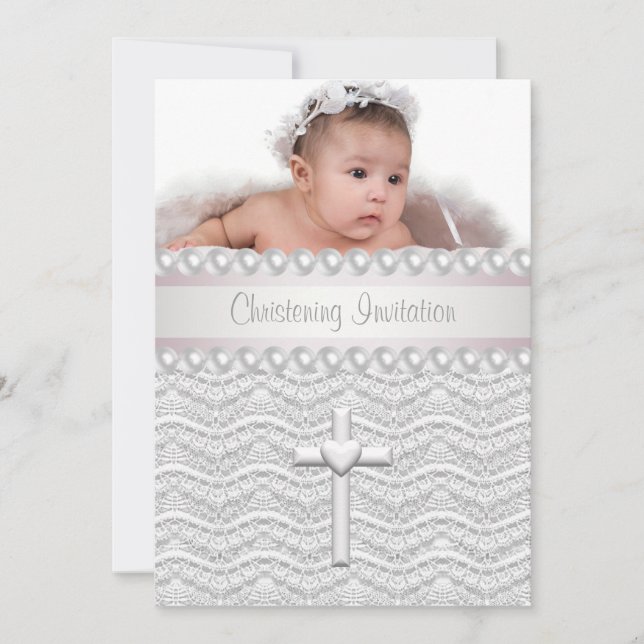 Pink Lace Pearls Cross Baby Girl Photo Christening Invitation (Front)