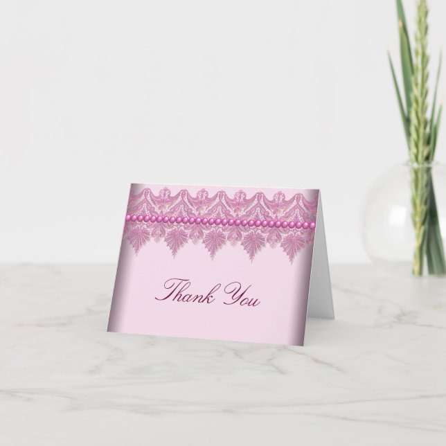 Pink Lace Pearls Pink Thank You Cards (Front)