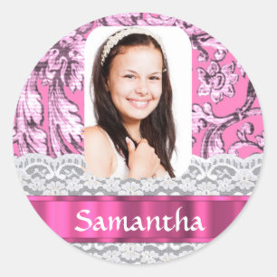 Pink lace photo template classic round sticker