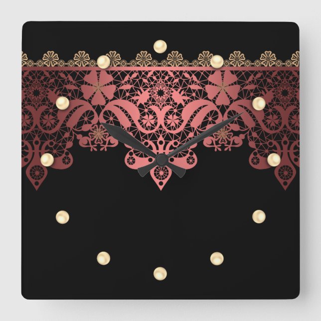 pink lace romantic decor gradient bronze lacy square wall clock (Front)