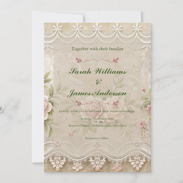 Pink lace wedding invitation (Front)