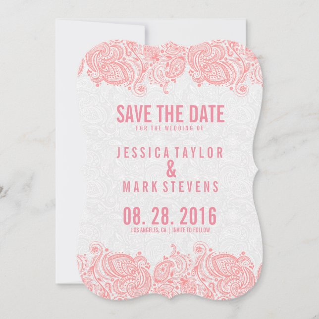 Pink Lace & White Damasks Save The Date (Front)
