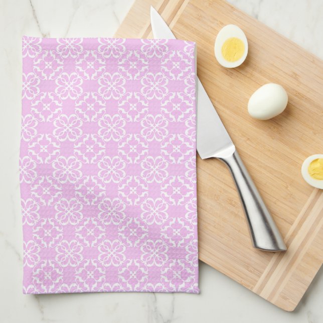 Pink Lace & White Floral Lattice Pattern Tea Towel (Quarter Fold)