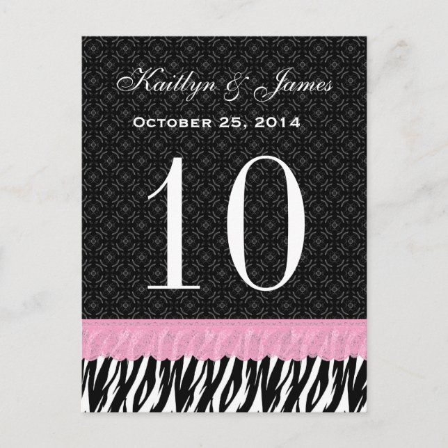 Pink Lace Zebra Custom Name Wedding Table Number Postcard (Front)