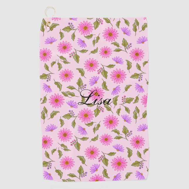 Pink Lacy Daisy Personalised Golf Towel (Front)