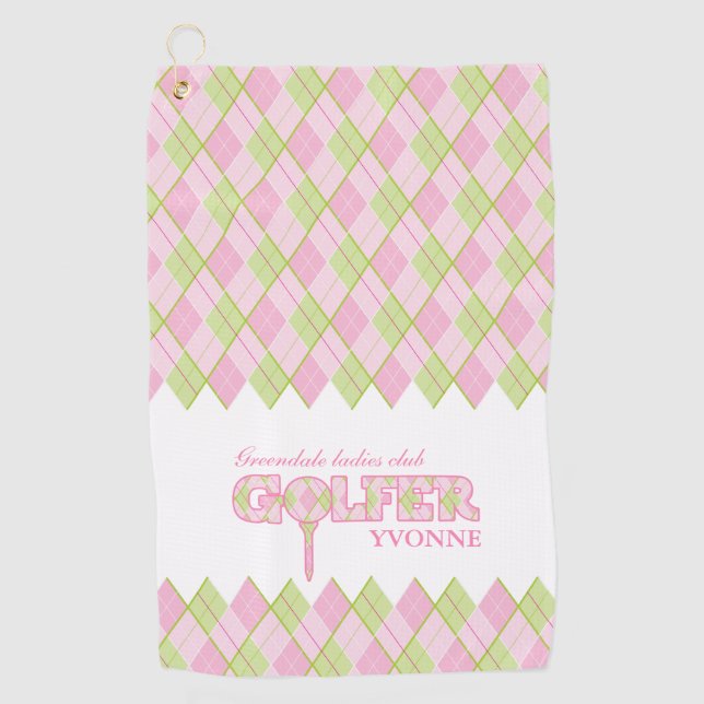 Pink ladies golfer argyle personalised towel (Front)