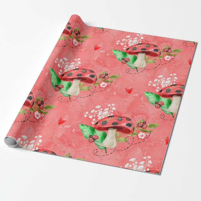 Pink Lady Bug And Mushroom Pattern Wrapping Paper (Unrolled)