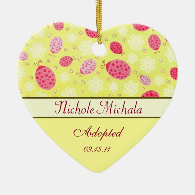 Pink Lady Bug Heart Shaped Adoption Announcement Ceramic Tree Decoration (Front)