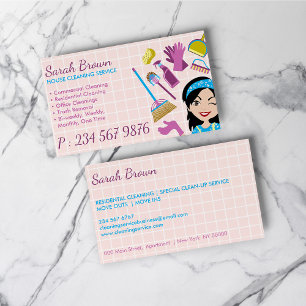 Pink Lady Cartoon Cleaning Service Janitorial Business Card