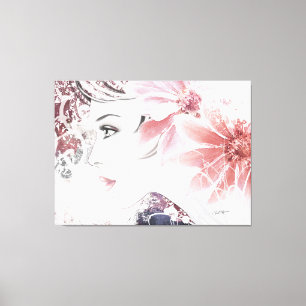 Pink Lady, Female Profile Face with Flowers Canvas Print