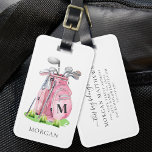 Pink Lady Golfer Monogram Luggage Tag<br><div class="desc">This feminine and stylish monogram golf bag or luggage tag is designed with a lady golfer in mind. It features a light pink watercolor golf bag filled with clubs, resting on a soft patch of green grass. A delicate serif font initial monogram appears on the bag, seamlessly blending into the...</div>