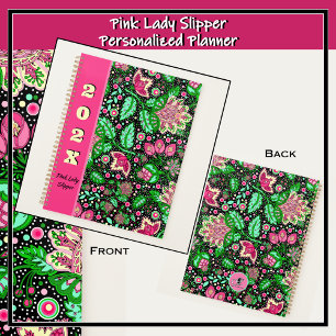 Pink Lady Slipper Flowers on Black Personalised Planner